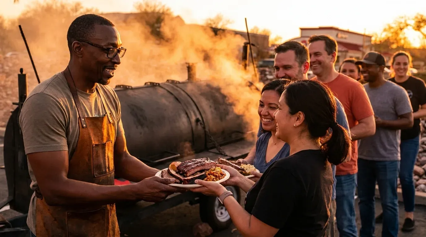 Community BBQ gathering with plates being served to a crowd