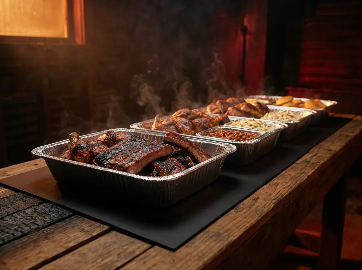 Drop-off BBQ catering in foil pans ready to serve